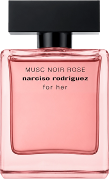 Narciso Rodriguez Musc Noir Rose For Her, różowa woda perfumowana, prostokątny flakon z czarnym korkiem, widok z przodu.