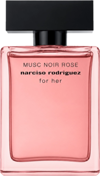 Woda perfumowana Narciso Rodriguez Musc Noir Rose For Her, różowy flakon z czarną etykietą, widok z przodu.