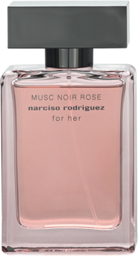 Narciso Rodriguez Musc Noir Rose For Her EDP, różowy flakon z czarną nakrętką, napis, widok z przodu.