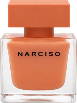 Flakon perfum Narciso Eau de Parfum Ambrée z pomarańczowym płynem i kwadratowym korkiem. Widok frontalny.
