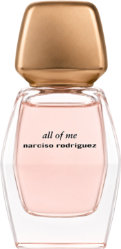 Perfumy Narciso Rodriguez All Of Me w szklanym flakonie z różowym płynem, złotym korkiem, widok z przodu.