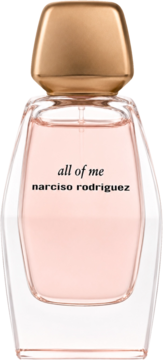 Perfumy Narciso Rodriguez All Of Me w szklanej butelce z różowym płynem i złotą nakrętką, widok z przodu.
