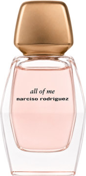 Perfumy Narciso Rodriguez All Of Me, jasnoróżowy płyn w szklanej butelce o geometrycznym kształcie, złota nakrętka, widok z przodu.