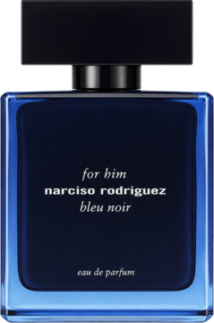 Narciso Rodriguez for Him Bleu Noir EDP, ciemnoniebieska prostokątna butelka z czarnym korkiem, widok z przodu.