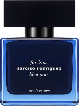 Narciso Rodriguez for Him Bleu Noir EDP, granatowa butelka z matową czarną nakrętką, widok frontalny.