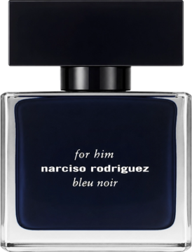 Narciso Rodriguez for Him Bleu Noir woda toaletowa, ciemnoniebieska butelka z czarną nakrętką, widok z przodu.