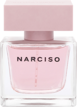 Narciso Cristal eau de parfum w szklanej butelce z różowym płynem i kwadratową nakrętką, widok z przodu.