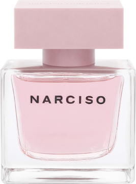 Narciso Rodriguez Cristal, kwiatowo-drzewno-piżmowa woda perfumowana. Różowa szklana butelka z napisem NARCISO.