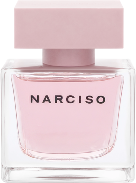 Perfumy Narciso Cristal EDP w przezroczystej butelce z różowym płynem i korkiem, widok z przodu.