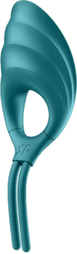 Turkusowy silikonowy pierścień erekcyjny Satisfyer Swordsman o ergonomicznym kształcie i falistym wykończeniu, widok z przodu.