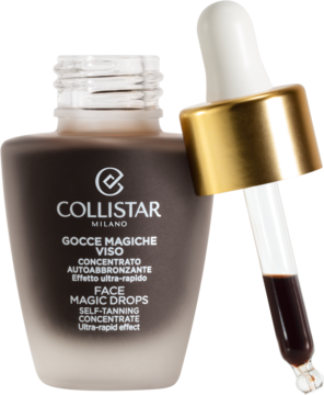 Collistar Gocce Magiche Viso, ciemne krople samoopalające w matowej butelce z dropperem, widok z przodu.