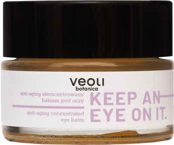Veoli Botanica anti-aging skoncentrowany balsam pod oczy w małym brązowym słoiczku z czarną nakrętką.