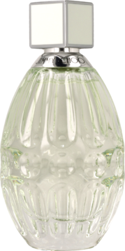 Jimmy Choo Floral EDT w owalnej, teksturowanej szklanej butelce z jasnym płynem i srebrną nakrętką, widok z przodu.