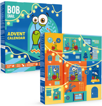 Bob Snail Kalendarz Adwentowy: niebieskie opakowanie ze ślimakiem i otwarty kalendarz z 24 kolorowymi okienkami z owocówkami.