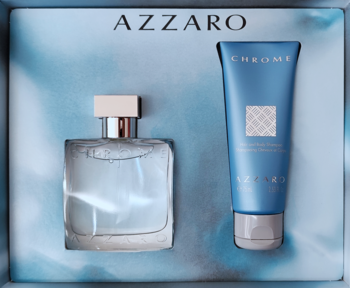 Zestaw męski Azzaro Chrome: woda toaletowa w szklanej butelce i szampon w niebieskiej tubie, widok z góry.