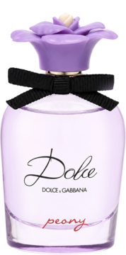 Kwiatowe perfumy Dolce & Gabbana Dolce Peony, flakon z fioletowym płynem, lawendowy korek-kwiat, widok z przodu.