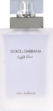 Pionowy widok flakonu Dolce & Gabbana Light Blue Eau Intense, mlecznobiałego, z srebrnym korkiem, od przodu.