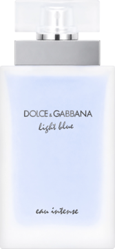 Dolce & Gabbana Light Blue Eau Intense, woda perfumowana dla kobiet, błękitny prostokątny flakon, widok z przodu.