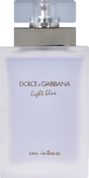 Dolce & Gabbana Light Blue Eau Intense, matowa błękitna butelka, zbliżenie z przodu.