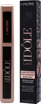 Tusz Lancôme Idôle Lash Lifting Volumizing w różowo-złotej tubce i czarnym pudełku, widok z przodu.