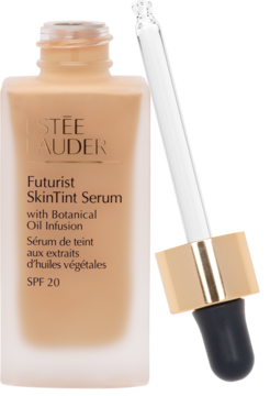 Estée Lauder Futurist SkinTint Serum, lekki podkład z filtrem SPF 20 w matowej butelce z pipetą, widok z przodu.