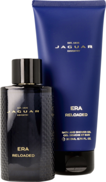Zestaw Jaguar Era Reloaded: ciemny flakon EDT z fakturą i dopasowany granatowy żel pod prysznic.