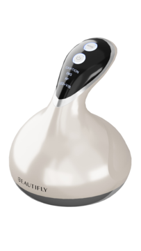 Kremowy masażer antycellulitowy Beautifly B-Booster z EMS i RF, widok z góry ukazujący panel sterowania.