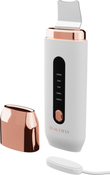 Beautifly B-Scrub PRO, biały multifunkcyjny peeling kawitacyjny z różowozłotymi detalami i osobną nakładką.