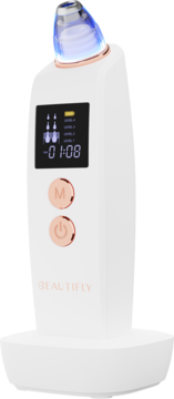 Białe urządzenie B-Derma PRO do mikrodermabrazji diamentowej, ekran LCD, niebieskie światło, na podstawce.