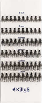 Zestaw 60 czarnych kępek sztucznych rzęs KillyS Love Lashes, 8, 10 i 12 mm, na białym tle, widok z góry.