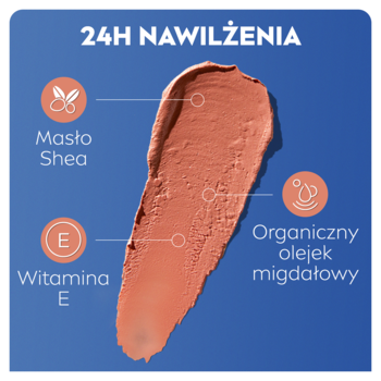 NIVEA Caring Beauty Nude pomadka: zbliżenie na swatch, napisy 24H nawilżenia, Masło Shea, Wit. E, migdałowy olej.
