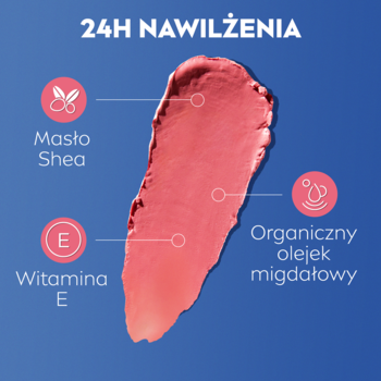 Różowa pomadka NIVEA Caring Beauty 3w1 Rose, duży testowy swatch na niebieskim tle, z infografiką o składnikach.