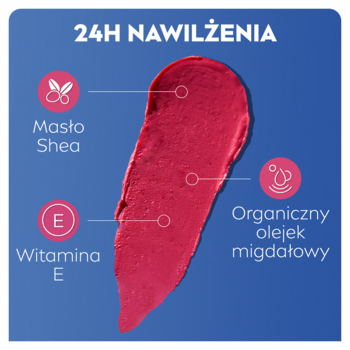 Różowy swatch nawilżającej pomadki NIVEA Caring Beauty, z ikonami masła shea, witaminy E i olejku migdałowego.