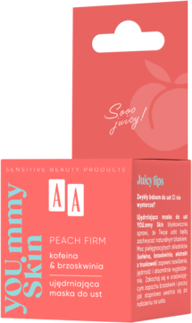 Różowa ujędrniająca maska do ust AA You.mmy Skin Peach Firm, opakowanie widziane z przodu i z góry.