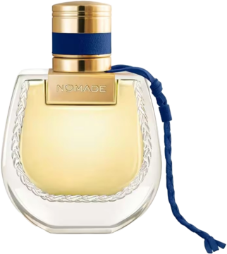 Chloé Nomade Nuit D'Egypte woda perfumowana, flakon z plecionym szkłem, złotym korkiem i granatową smyczą.