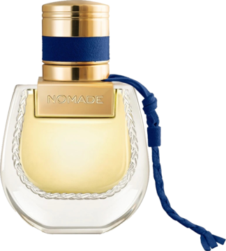 Chloé Nomade Nuit D'Egypte woda perfumowana dla kobiet: butelka ze złotym korkiem i plecionym granatowym rzemykiem.