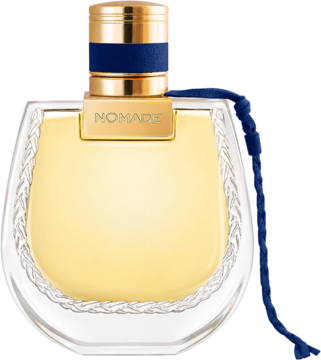Chloé Nomade Nuit D'Egypte EDP, butelka z plecionym szkłem, złotą nakrętką, niebieską tasiemką, zapach kwiatowo-bursztynowy.
