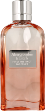 Woda perfumowana Abercrombie & Fitch First Instinct Together w przezroczystej butelce z różowym płynem, widok z przodu.