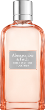 Abercrombie & Fitch First Instinct Together EDP, różowy płyn, prostokątna butelka, szara etykieta, widok z przodu.