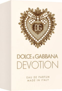 Dolce & Gabbana Devotion woda perfumowana w kremowym opakowaniu, ze złotym sercem i logo DG, widok z przodu.