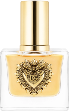 Dolce & Gabbana Devotion woda perfumowana, złota butelka z waniliowym płynem i ozdobnym sercem DG, widok z przodu.