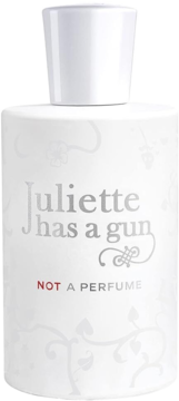 Biała butelka wody perfumowanej Juliette has a gun Not A Perfume, widok z przodu, srebrny napis i czerwone 'NOT'.
