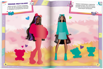 Otwarta książka z naklejkami Barbie: dwie lalki do ubierania, czerwone i turkusowe elementy ubrań oraz misie.