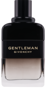 Woda perfumowana Givenchy Gentleman Boisée, czarno-przeźroczysta butelka z beżowym płynem i złotymi napisami, widok z przodu.