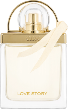Woda perfumowana Chloé Love Story w prostokątnym flakonie ze złotym korkiem i beżową wstążką, widok z przodu.