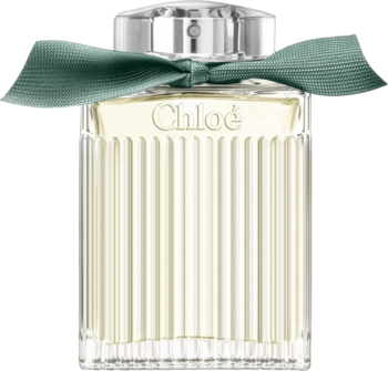 Chloé Rose Naturelle Intense woda perfumowana w ryflowanej butelce z zieloną wstążką, widok z przodu.