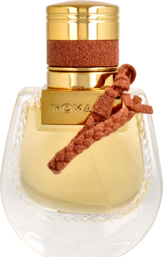 Chloé Nomade Jasmin Naturel Intense, flakon perfum z grubego szkła z grawerem, złotym korkiem, brązową plecionką.