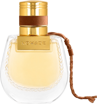 Chloé Nomade Jasmin Naturel Intense, naturalne EDP w szklanej butelce z przodu, złoty korek, brązowa plecionka.