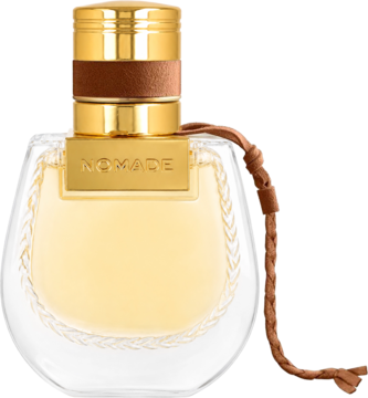 Butelka wody perfumowanej Chlo&eacute; Nomade Jasmin Naturel Intense, widziana z przodu, ze złotym korkiem i brązowymi detalami sk&oacute;rzanymi.
