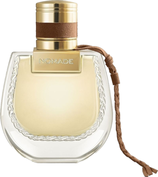 Chloé Nomade Jasmin Naturel Intense woda perfumowana. Butelka z płynem, złotym korkiem, plecionym szkłem i skórzanym rzemykiem, front.